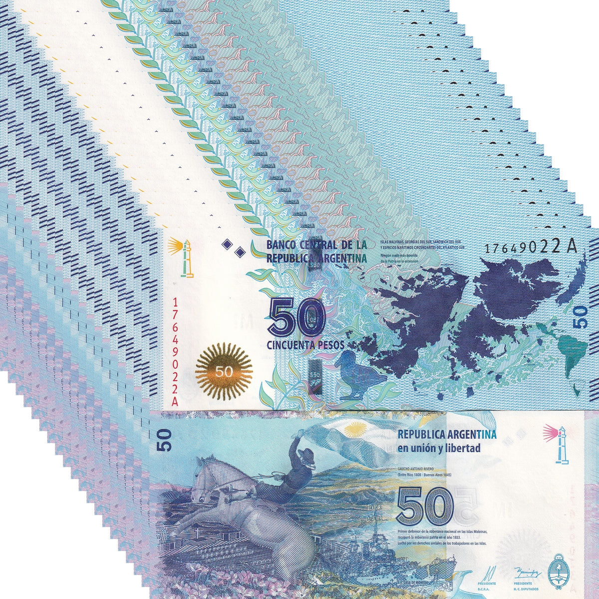 Argentina 50 Pesos 2015 P 362 UNC LOT 20 PCS, Gaucho Antonio Rivero