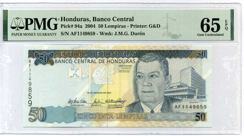 HONDURAS 50 LEMPIRAS 2004 P 94 a GEM UNC PMG 65 EPQ