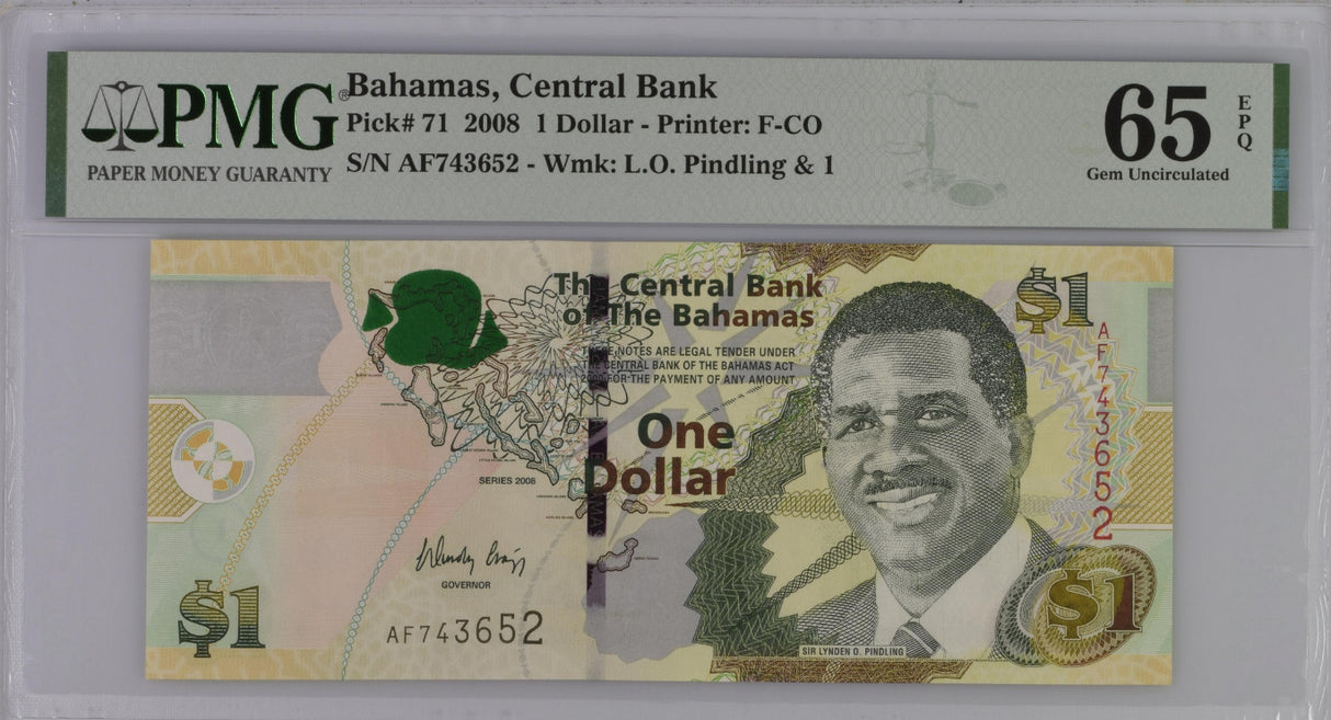 Bahamas 1 Dollar 2008 P 71 GEM UNC PMG 65 EPQ