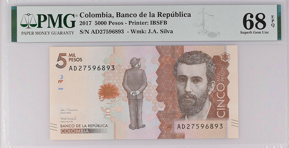 Colombia 5000 Pesos 2017 P 459 NEW Superb GEM UNC PMG 68 EPQ