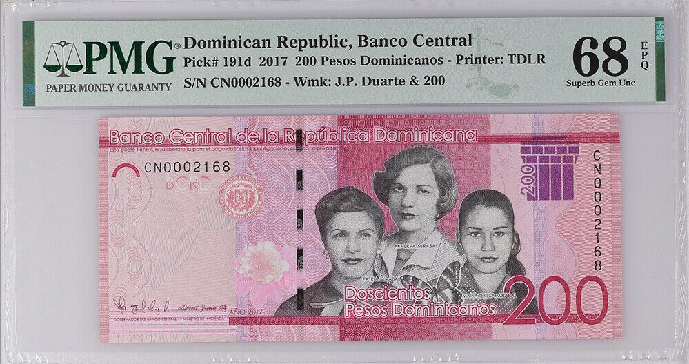 Dominican Republic 200 Pesos 2017 / 2019 P 191 d Superb Gem UNC PMG 68 EPQ Top
