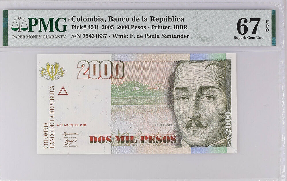 Colombia 2000 Pesos 2005 P 451 j Superb GEM UNC PMG 67 EPQ Top Pop
