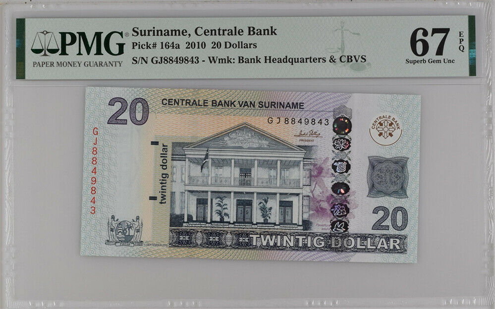 Suriname 20 Dollars 2010 P 164 a Superb GEM UNC PMG 67 EPQ