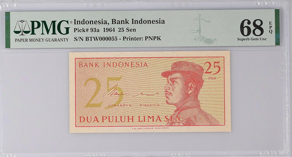 Indonesia 25 SEN 1964 P 93 a Low Number #55 Superb GEM UNC PMG 68 EPQ TOP