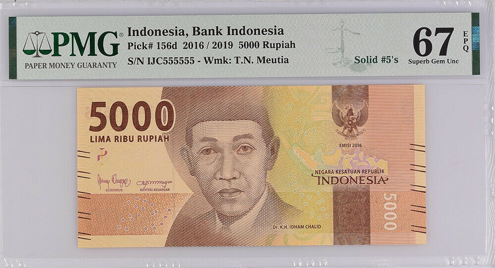 Indonesia 5000 RUPIAH 2016/2019 P 156 d Solid 555555 Superb Gem UNC PMG 67 EPQ