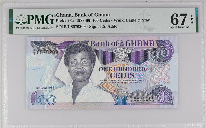 Ghana 100 Cedis 1986 P 26 a Superb Gem UNC PMG 67 EPQ High