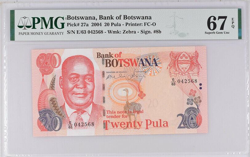 Botswana 20 Pula 2004 P 27 a Superb Gem UNC PMG 67 EPQ Top Pop