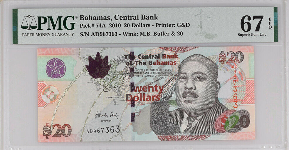 BAHAMAS 20 DOLLARS 2010 P 74A SUPERB GEM UNC PMG 67 EPQ NEW LABEL