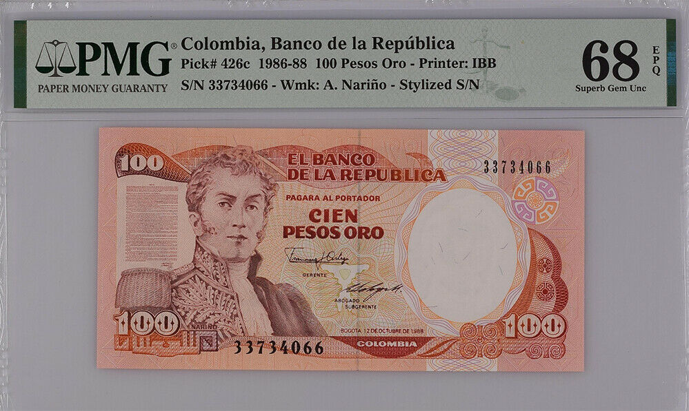 Colombia 100 Pesos oro 1986-88 P 426 c Superb GEM UNC PMG 68 EPQ Top Pop