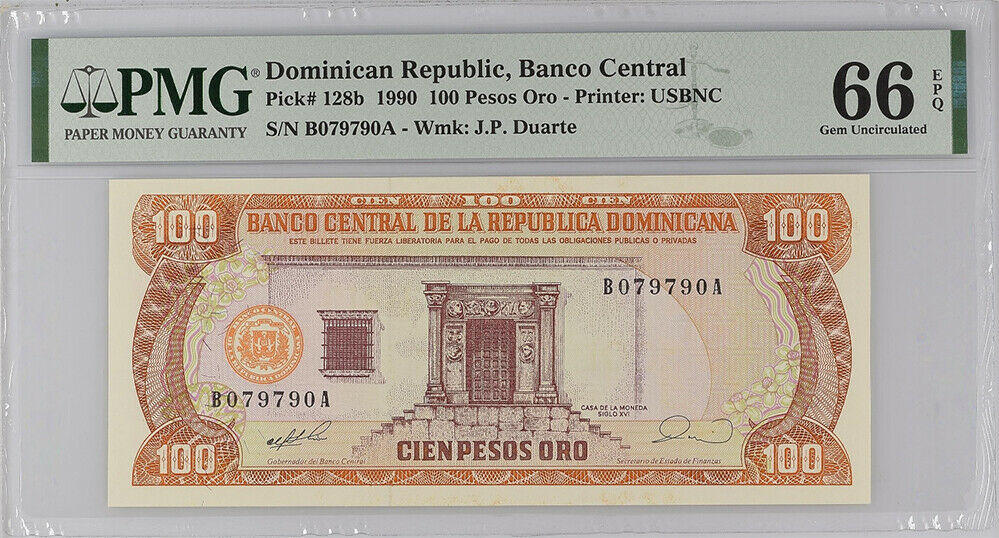 Dominican Republic 100 Pesos 1990 P 128 b GEM UNC PMG 66 EPQ TOP