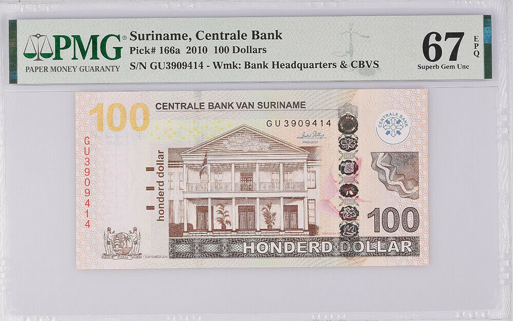 Suriname 100 Dollars 2010 P 166 a Superb Gem UNC PMG 67 EPQ