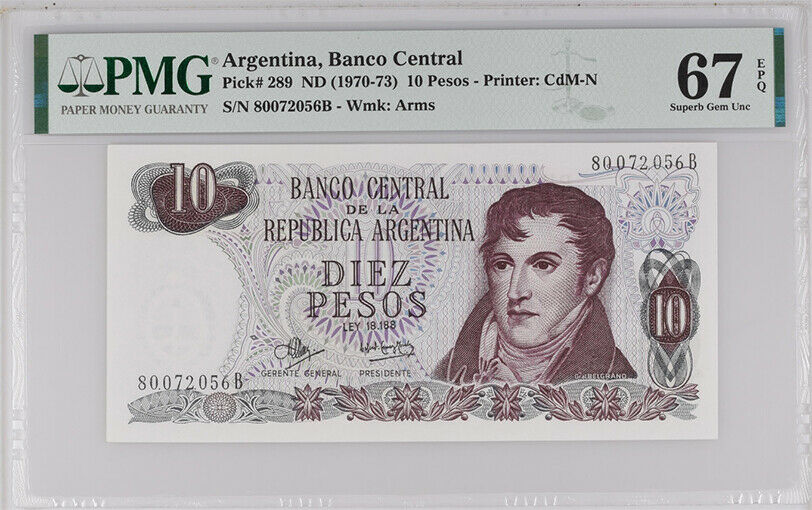 Argentina 10 Pesos 1970-73 P 289 Superb GEM UNC PMG 67 EPQ Top Pop