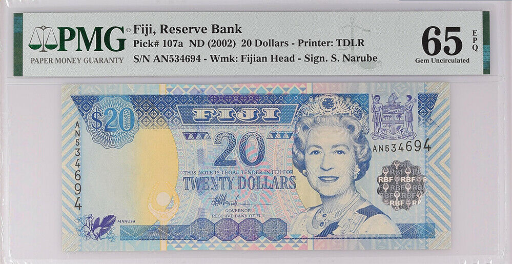 Fiji 20 Dollars ND 2002 P 107 Gem UNC PMG 65 EPQ