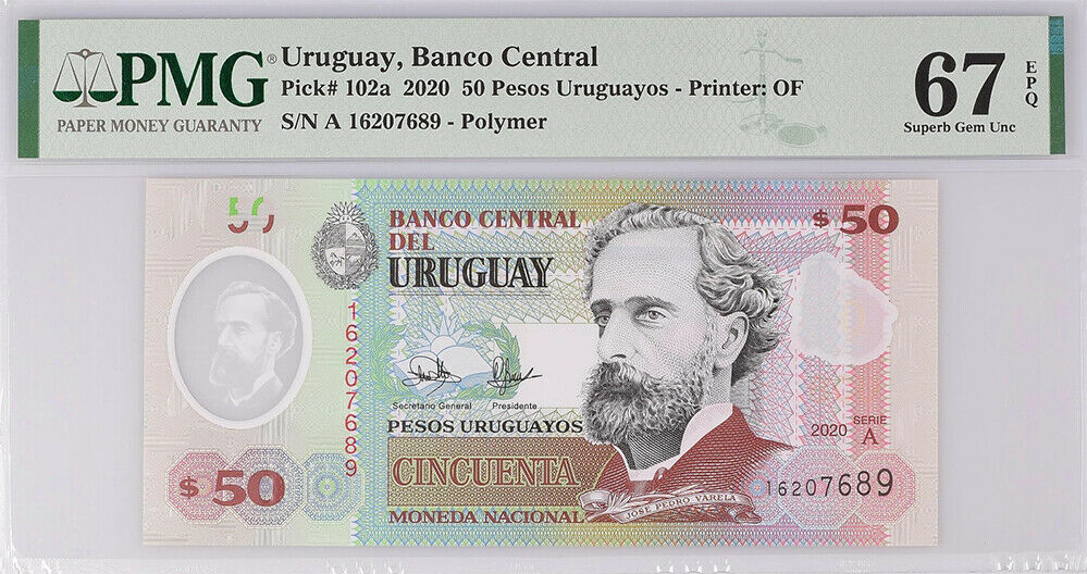 Uruguay 50 Pesos 2020 P 102 a Polymer Superb Gem UNC PMG 67 EPQ