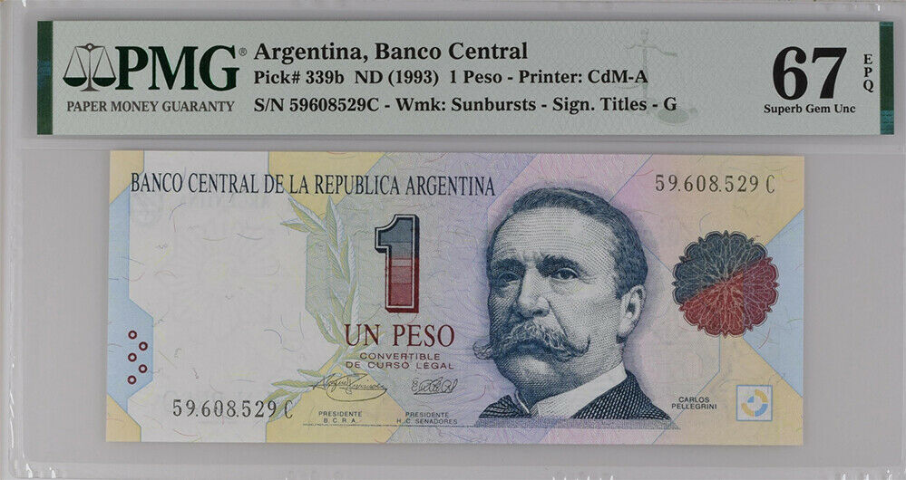 Argentina 1 Peso Nd 1993 P 339 Superb Gem UNC PMG 67 EPQ Top Pop