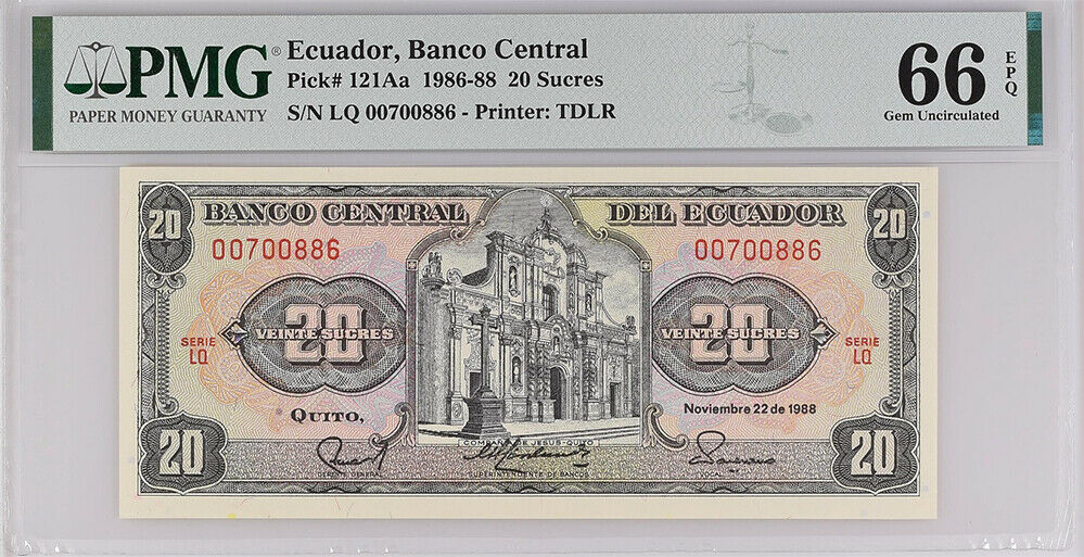 Ecuador 20 Sucres 1988 P 121Aa Gem UNC PMG 66 EPQ