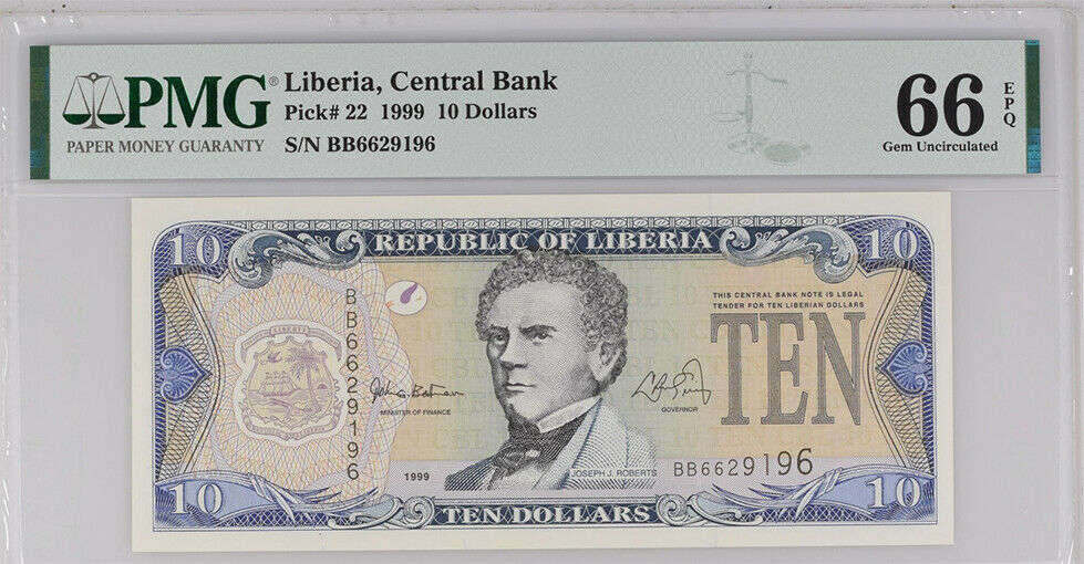 Liberia 10 Dollars 1999 P 22 Gem UNC PMG 66 EPQ