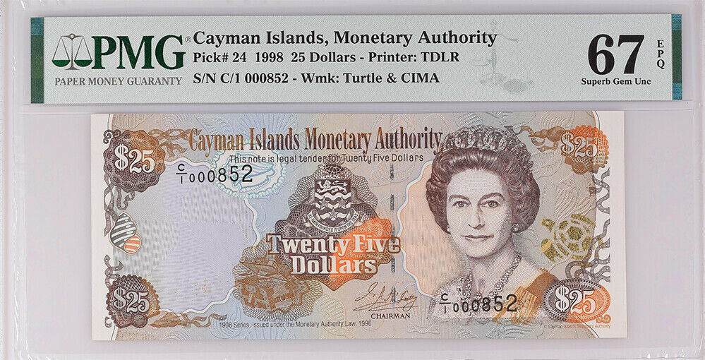 Cayman Islands 25 Dollars 1998 P 24 LOW 3 Digit Superb GEM UNC PMG 67 EPQ