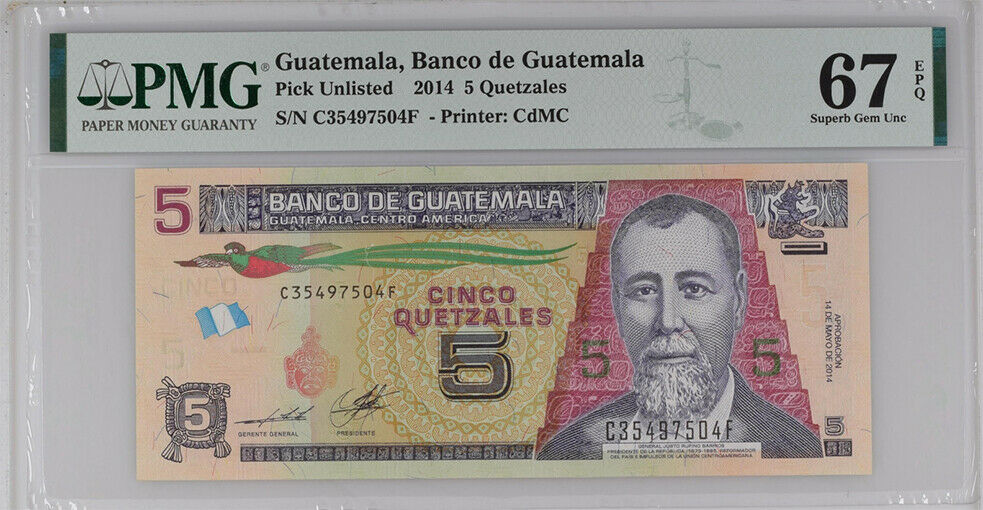 GUATEMALA 5 QUETZALES 2014 NEW DATE AND SIGN P 116 SUPERB GEM UNC PMG 67 EPQ