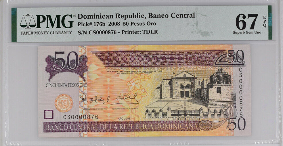 DOMINICAN REPUBLIC 50 PESOS 2008 P 176 B SUPERB GEM UNC PMG 67 EPQ