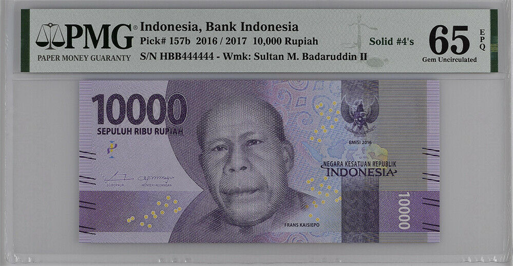 Indonesia 10000 Rupiah 2016/ 2017 P 157 b SOLID 444444 GEM UNC PMG 65 EPQ