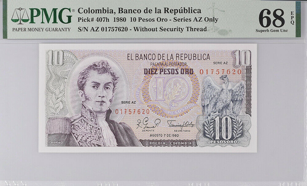Colombia 10 Pesos oro 1980 P 407 h AZ Superb GEM UNC PMG 68 EPQ Top Pop