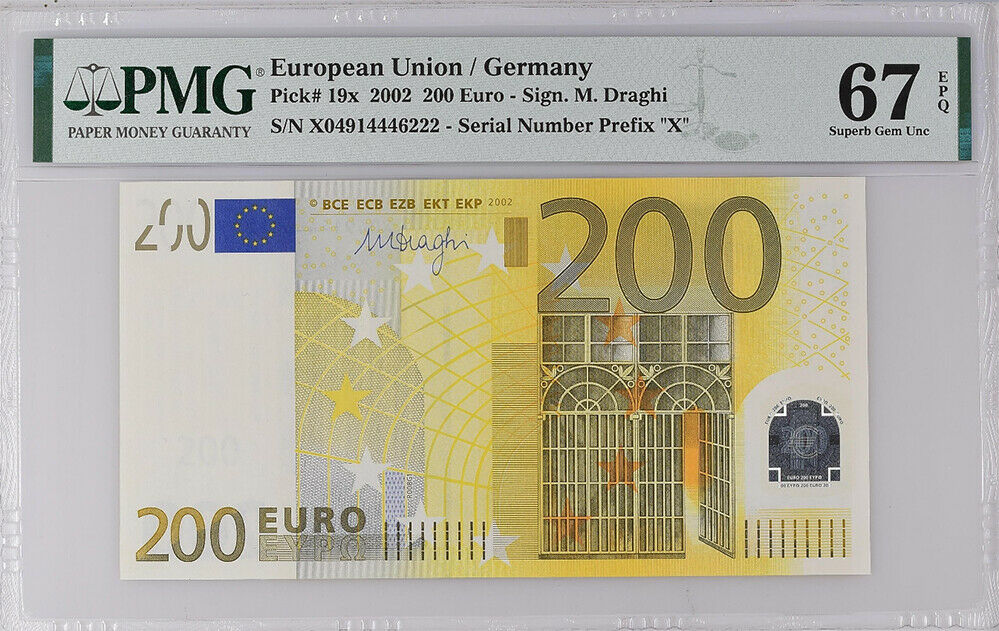 Euro 200 Euro 2002 P 19 X Germany Superb GEM UNC PMG 67 EPQ S/N X04914446222