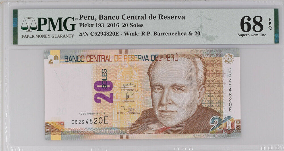 Peru 20 Soles 2016 P 193 C-E Prefix Superb Gem UNC PMG 68 EPQ Top Pop