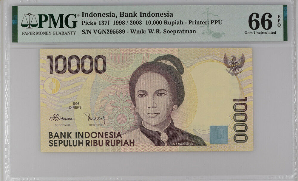Indonesia 10000 Rupiah 1998 / 2003 P 137 f Gem UNC PMG 66 EPQ