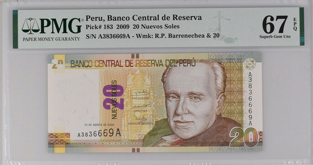 Peru 20 Nuevos Soles 2009 P 183 A-A Prefix Superb Gem PMG 67 EPQ Top Pop