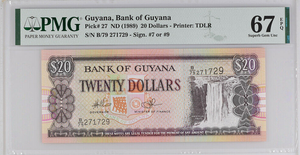 GUYANA 20 DOLLARS 1989 P 27 B/79 SUPERB GEM UNC PMG 67 EPQ
