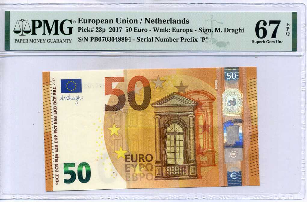 Euro 50 Euro Netherlands 2017 P 23 P Prefix Superb Gem UNC PMG 67 EPQ