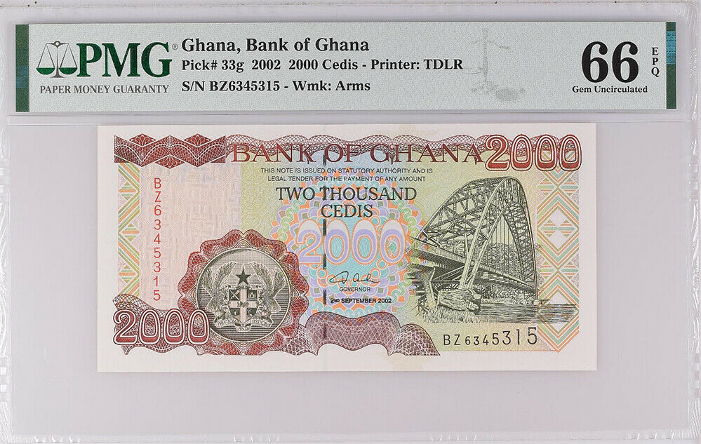 Ghana 2000 Cedis 2002 P 33 g Gem UNC PMG 66 EPQ