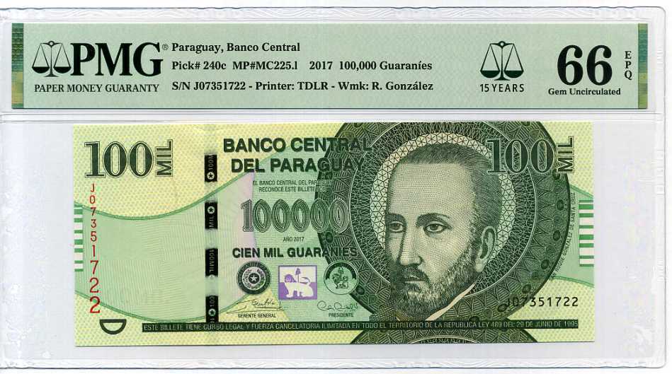 Paraguay 100000 Guaranies 2017 P 240 C GEM UNC PMG 66 EPQ