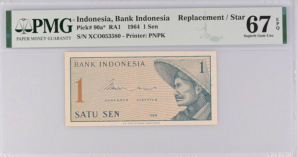 Indonesia 1 SEN 1964 P 90* Replacement XCO Superb GEM UNC PMG 67 EPQ