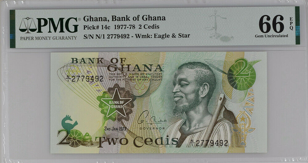 Ghana 2 Cedis 1977 P 14 c Gem UNC PMG 66 EPQ