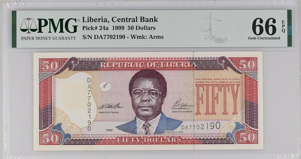 Liberia 50 Dollars 1999 P 24 Gem UNC PMG 66 EPQ