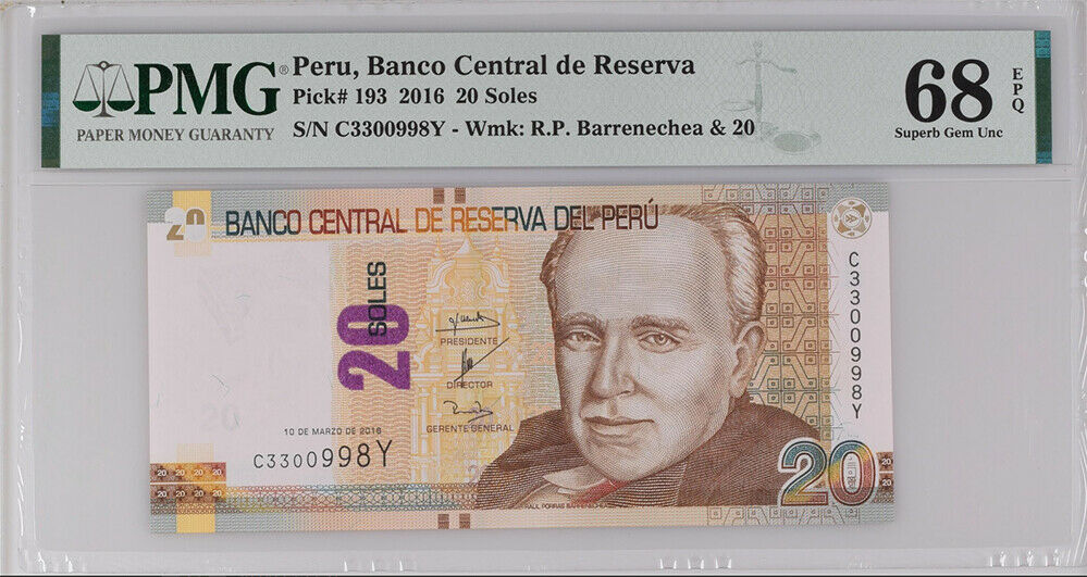 Peru 20 Soles 2016 P 193 C-Y Prefix Superb Gem UNC PMG 68 EPQ Top Pop