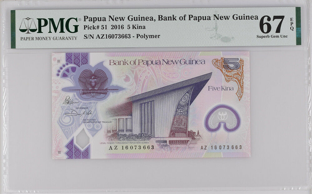 Papua New Guinea 5 Kina 2016 P 51 Polymer Superb Gem Unc Pmg 67 EPQ