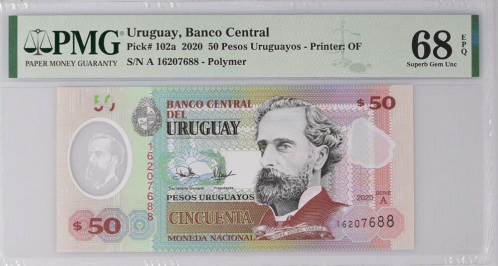 Uruguay 50 Pesos 2020 P 102 a Polymer Superb Gem UNC PMG 68 EPQ Top Pop