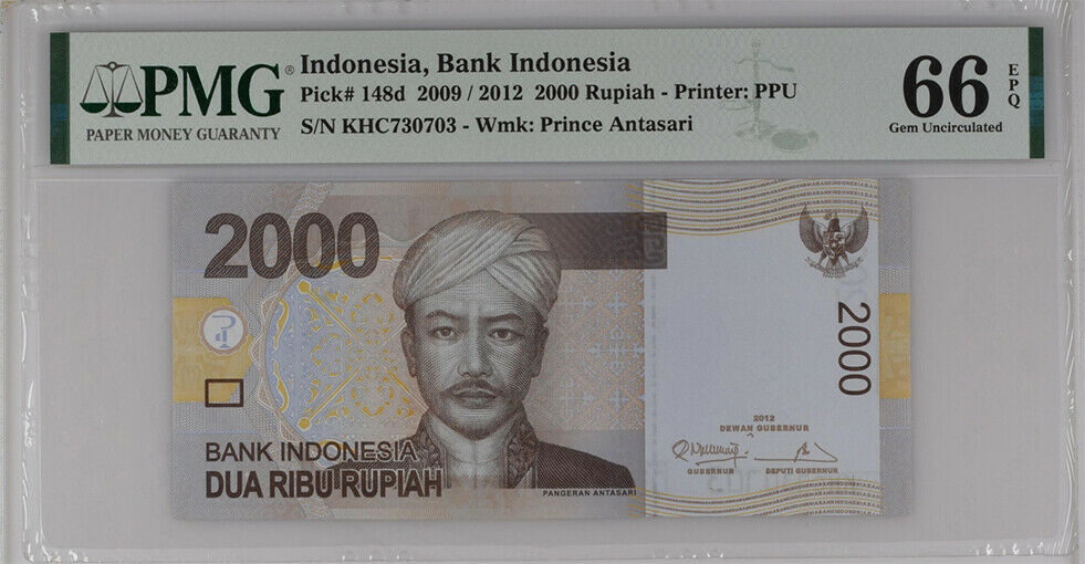 INDONESIA 2000 RUPIAH 2009/2012 P 148 D GEM UNC PMG 66 EPQ