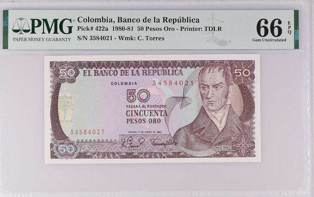 Colombia 50 Pesos ORO 1980 P 422a GEM UNC PMG 66 EPQ High