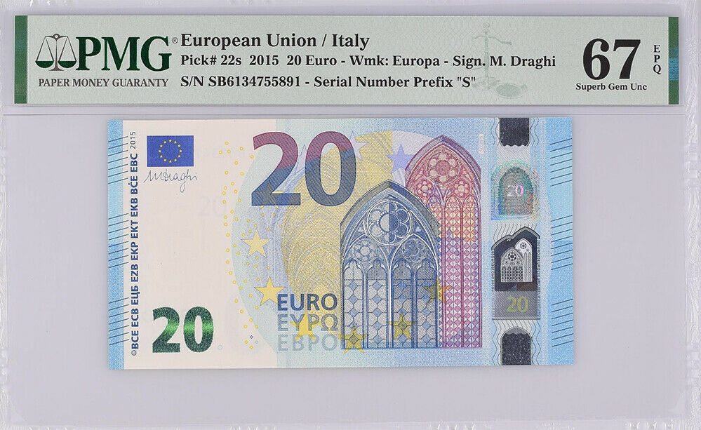 Euro 20 Euro Italy 2015 P 22 S Prefix Superb GEM UNC PMG 67 EPQ
