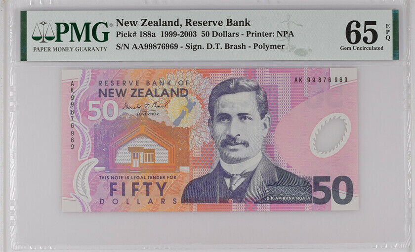 NEW ZEALAND 50 DOLLARS 1999 POLYMER P 188 a GEM UNC PMG 65 EPQ