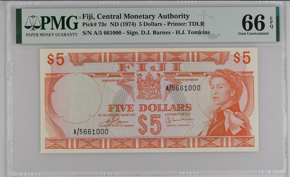 Fiji 5 Dollars ND 1974 P 73 c GEM UNC PMG 66 EPQ