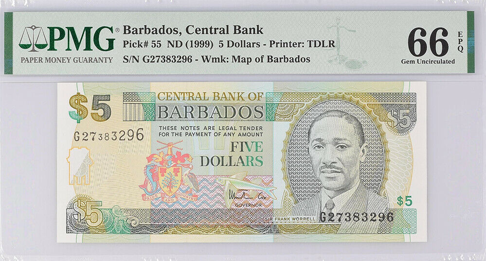Barbados 5 Dollars ND 1999 P 55 Gem UNC PMG 66 EPQ High