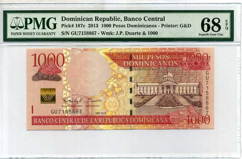 Dominican Republic 1000 Pesos 2013 P 187 c Superb Gem UNC PMG 68 EPQ Highest