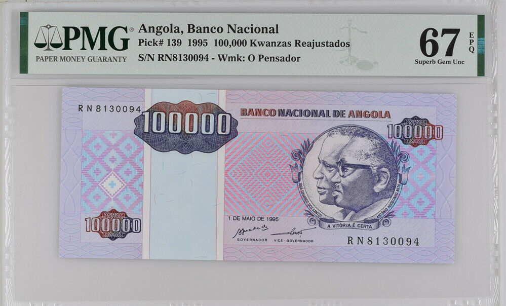 Angola 100000 Kwanza 1995 P 139 Superb Gem UNC PMG 67 EPQ