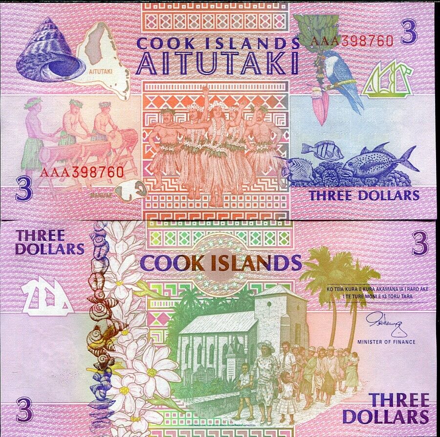 Cook Island 3 Dollars 1992 P 7 AAA Prefix UNC
