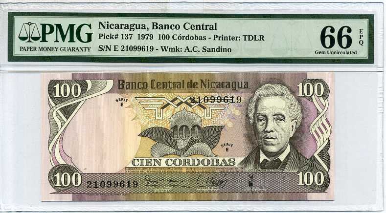 Nicaragua 100 Cordobas 1979 P 137 Gem UNC PMG 66 EPQ